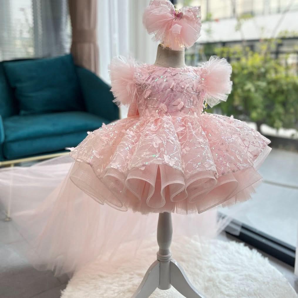 Purple Baby Girl Butterfly Fluffy Princess Dress Long Sleeve Birthday Party Outfit | KLFFIGID