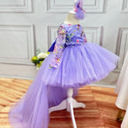 Girls Purple Embroidered Long Sleeve Fluffy Evening Dress | KLFFIGID