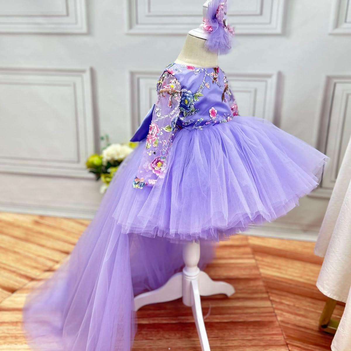 Girls Purple Embroidered Long Sleeve Fluffy Evening Dress | KLFFIGID