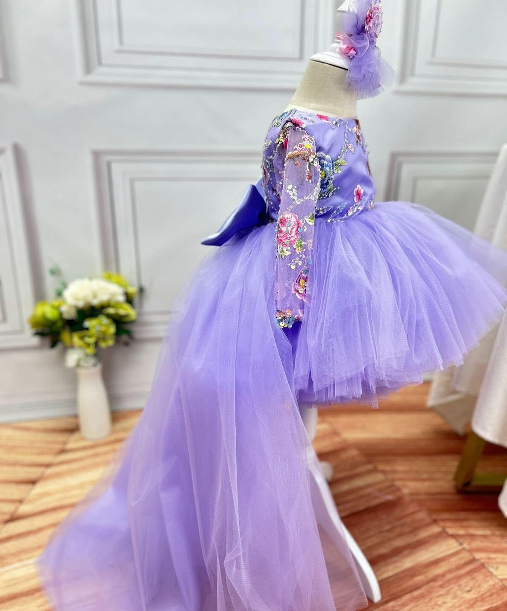 Girls Purple Embroidered Long Sleeve Fluffy Evening Dress | KLFFIGID