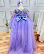 Girls Purple Embroidered Long Sleeve Fluffy Evening Dress | KLFFIGID