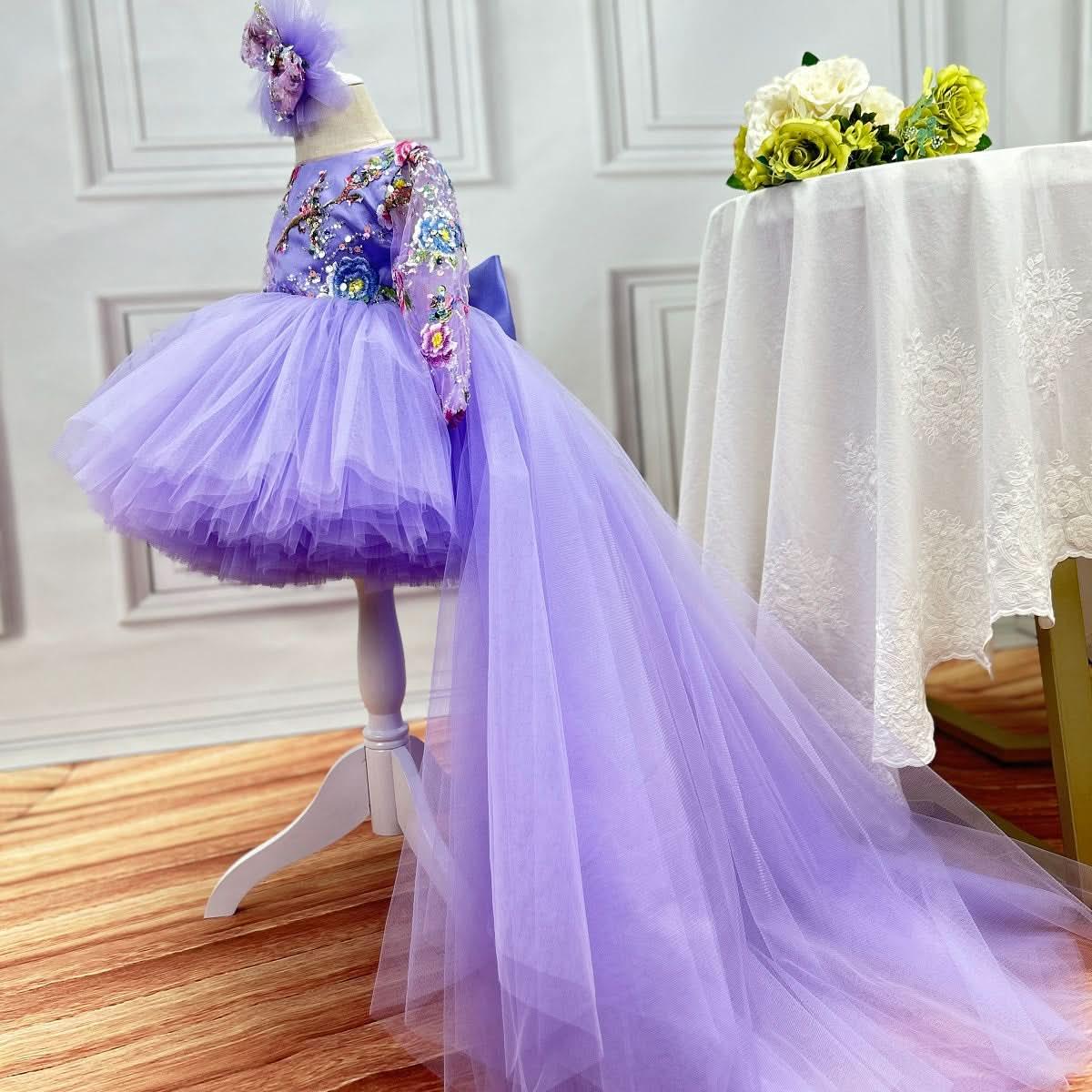 Girls Purple Embroidered Long Sleeve Fluffy Evening Dress | KLFFIGID