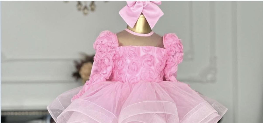 Girls Rose Puff Sleeve Mesh Birthday Princess Dress | KLFFIGID
