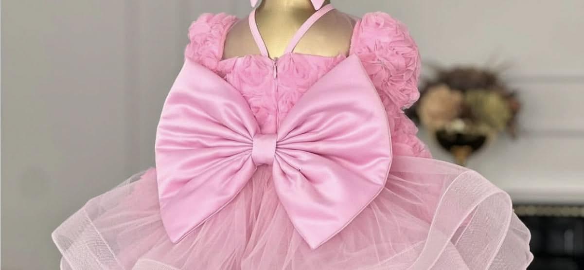 Girls Rose Puff Sleeve Mesh Birthday Princess Dress | KLFFIGID