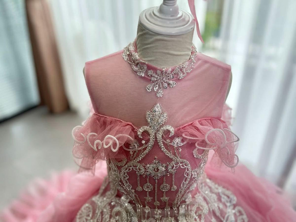 New Pink Lace Embroidered Fluffy Fashion Stage Performance Flower Girl Wedding Girls' Evening Dress