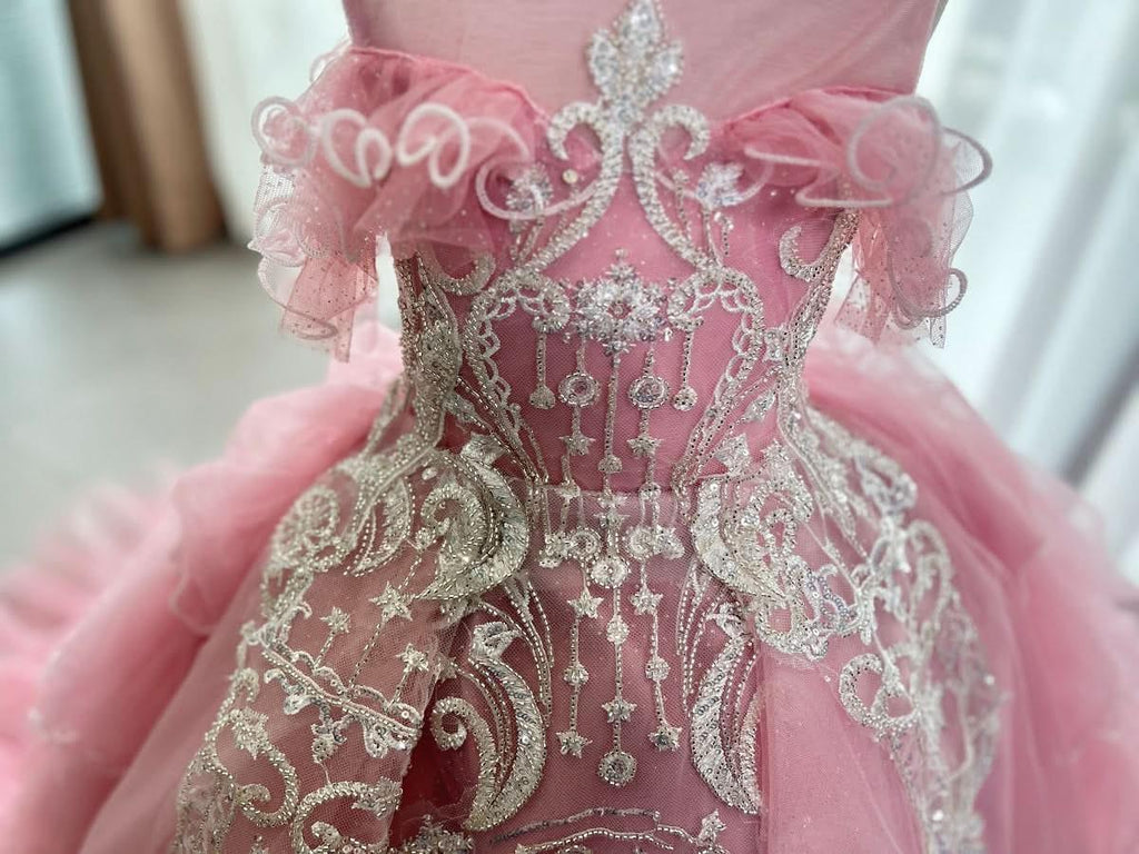 New Pink Lace Embroidered Fluffy Fashion Stage Performance Flower Girl Wedding Girls' Evening Dress