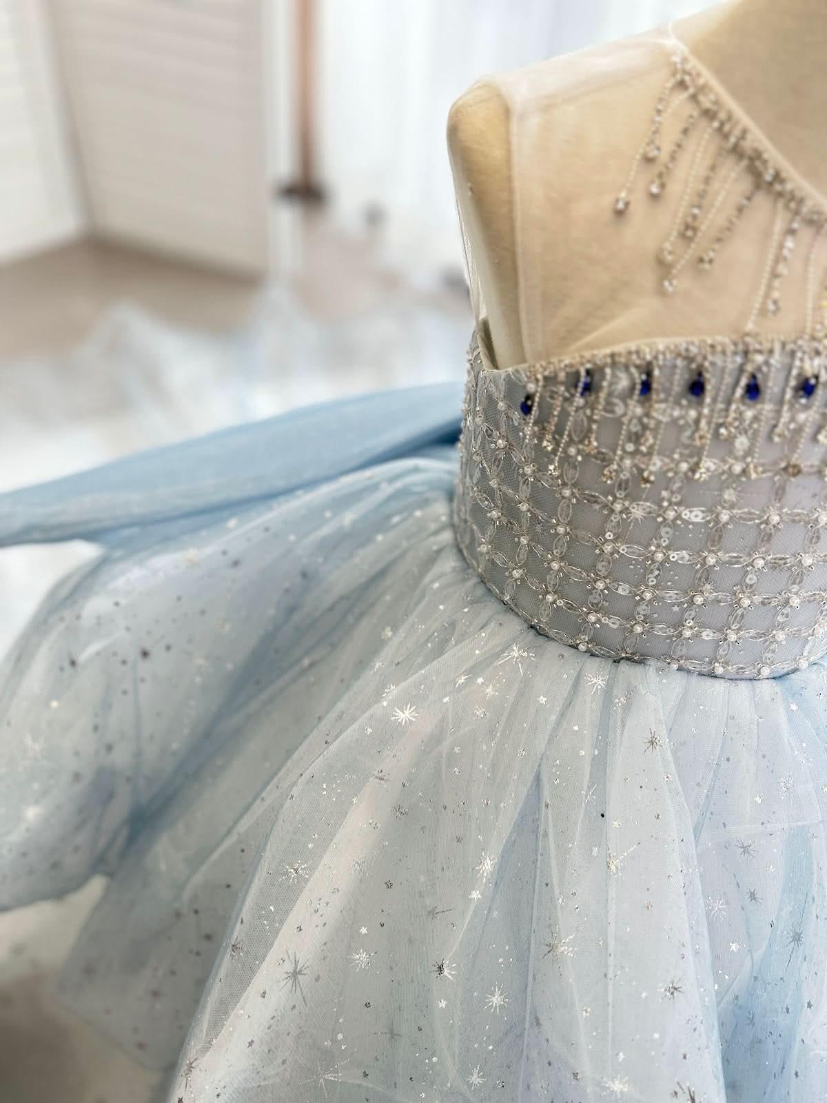 Girls wedding dress, flower girl evening dress tail big bow mesh girl princess dress