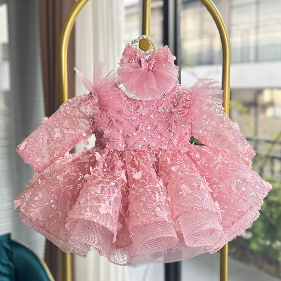 0-12Y Girls Long Sleeve Butterfly Embroidered Princess Dress | KLFFLGID