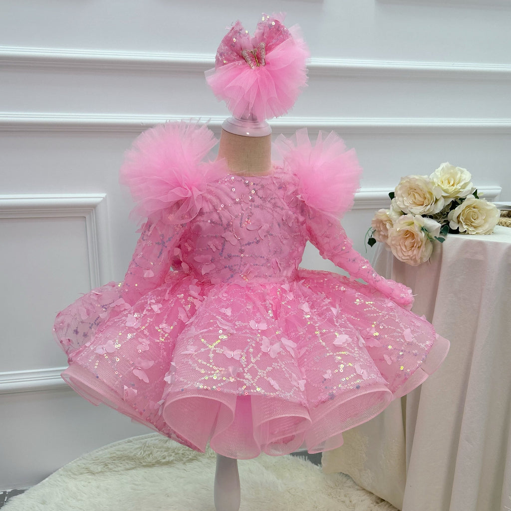 0-12Y Girls Long Sleeve Butterfly Embroidered Princess Dress | KLFFLGID