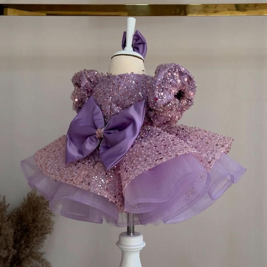 Pink Sequined Puff Sleeve Cascading Ruffle Girls Princess Dress | KLFFIGID