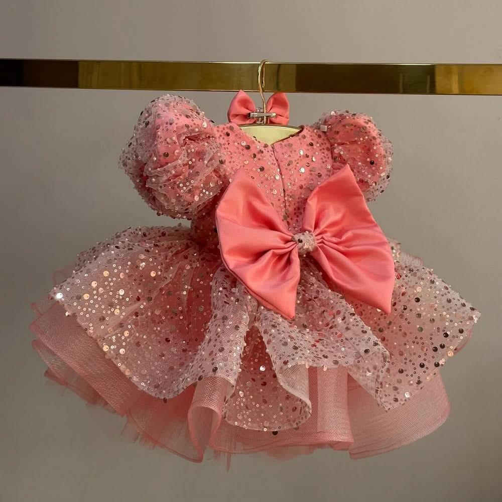 Pink Sequined Puff Sleeve Cascading Ruffle Girls Princess Dress | KLFFIGID