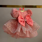Pink Sequined Puff Sleeve Cascading Ruffle Girls Princess Dress | KLFFIGID