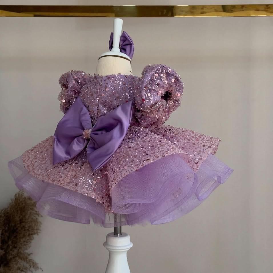 Pink Sequined Puff Sleeve Cascading Ruffle Girls Princess Dress | KLFFIGID
