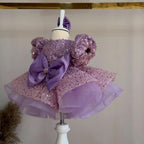 Pink Sequined Puff Sleeve Cascading Ruffle Girls Princess Dress | KLFFIGID