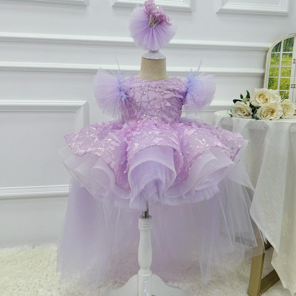 Girls Sleeveless Feather Butterfly Tail Birthday Evening Dress | KLFFIGID