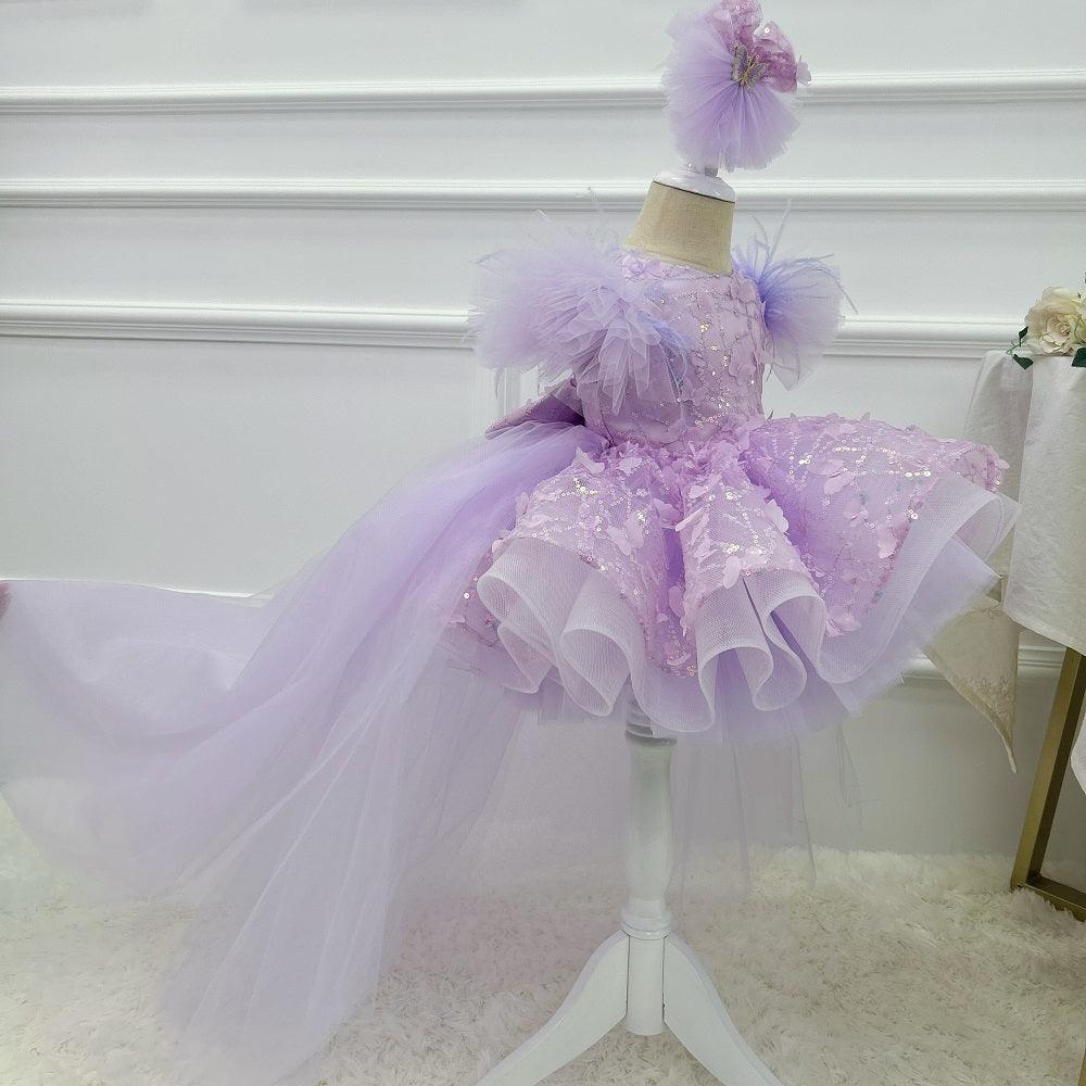 Girls Sleeveless Feather Butterfly Tail Birthday Evening Dress | KLFFIGID