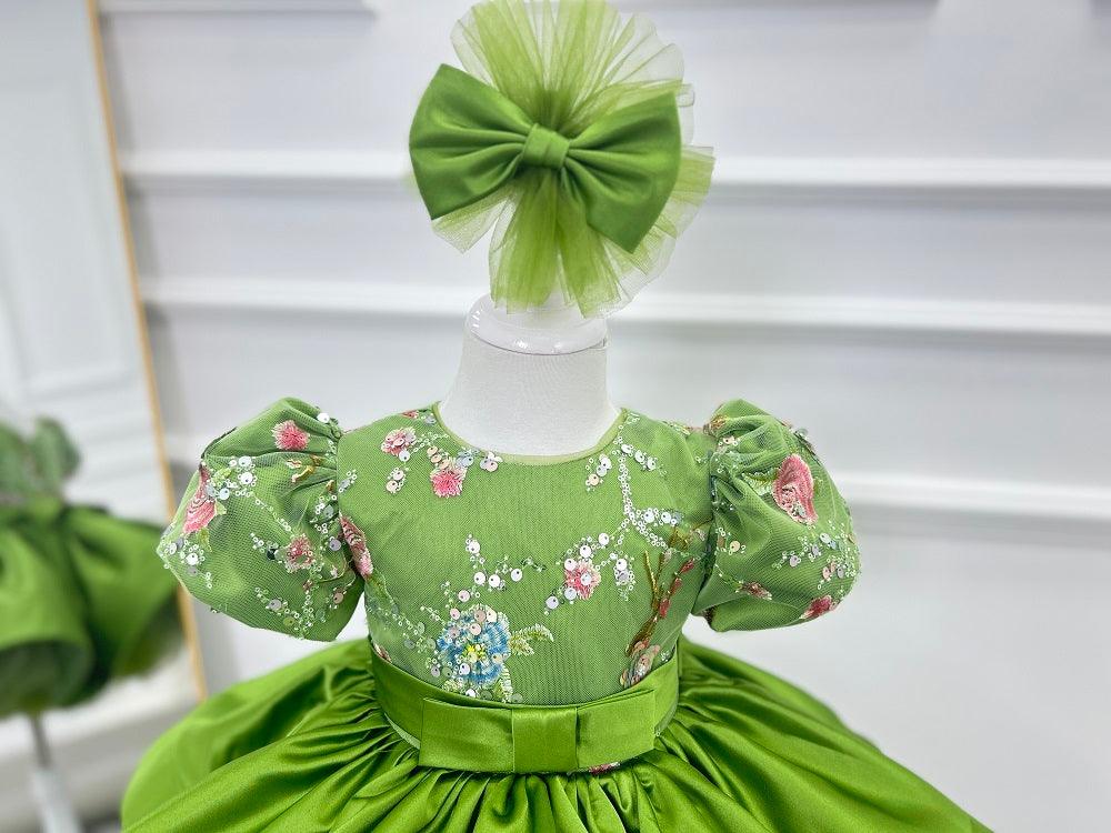 Embroidered Floral Puff Sleeve Satin Mesh Tutu Dress for Girls | KLFFIGID