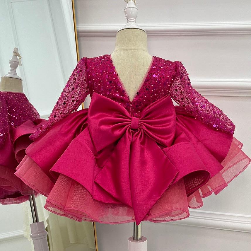 Satin Sequin Big Bow Fluffy Girls Birthday Princess Dress | KLFFIGID