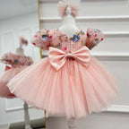 2Pcs Lilac Embroidered Puff Sleeve Baby Party Dress Set | KLFFIGID