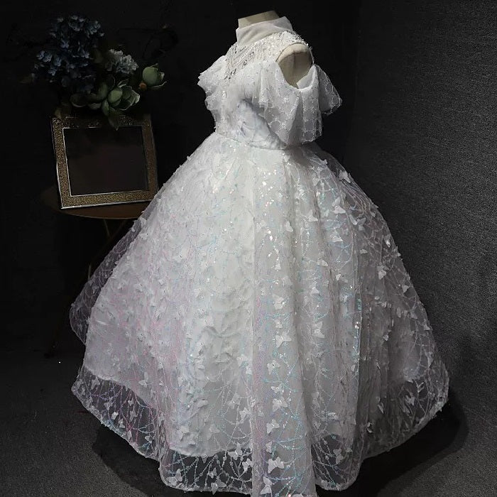 White Elegant Butterfly Wedding Flower Girl Banquet Children's Formal Evening Dress