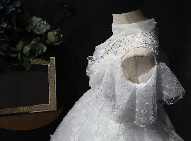 White Elegant Butterfly Wedding Flower Girl Banquet Children's Formal Evening Dress