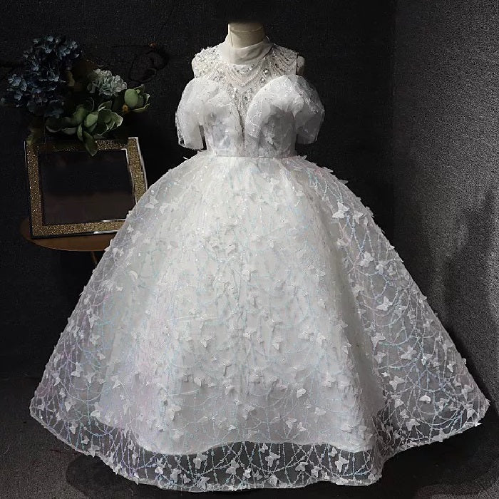 White Elegant Butterfly Wedding Flower Girl Banquet Children's Formal Evening Dress