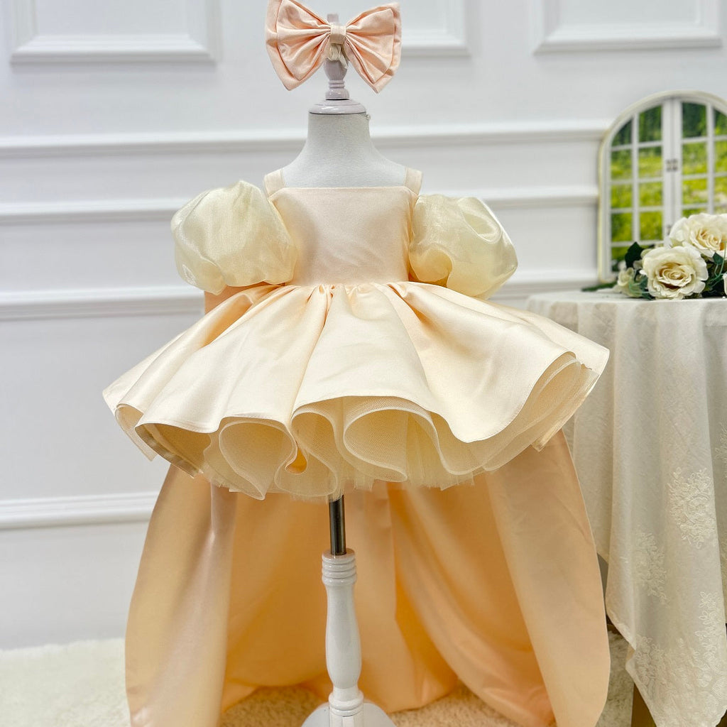 Blue Puff Sleeve Trailing Girls Birthday Princess Dress | KLFFIGID