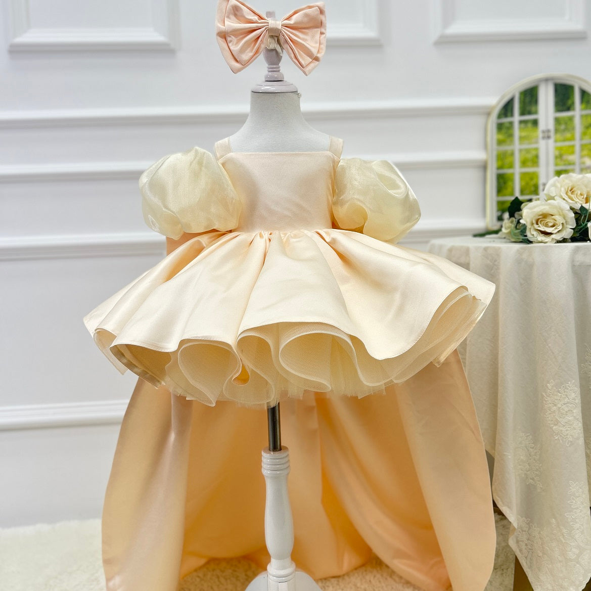 Blue Puff Sleeve Trailing Girls Birthday Princess Dress | KLFFIGID