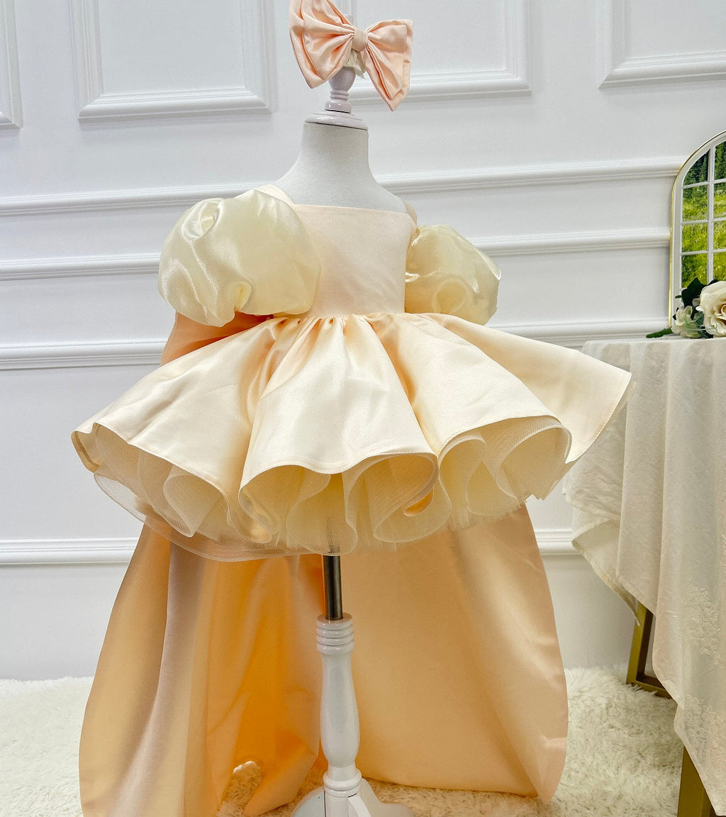 Blue Puff Sleeve Trailing Girls Birthday Princess Dress | KLFFIGID