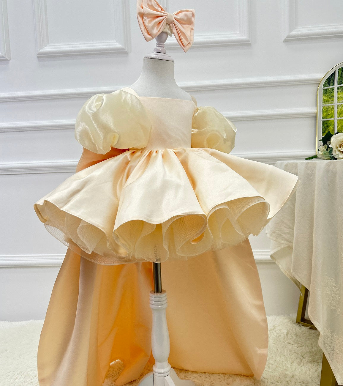 Blue Puff Sleeve Trailing Girls Birthday Princess Dress | KLFFIGID