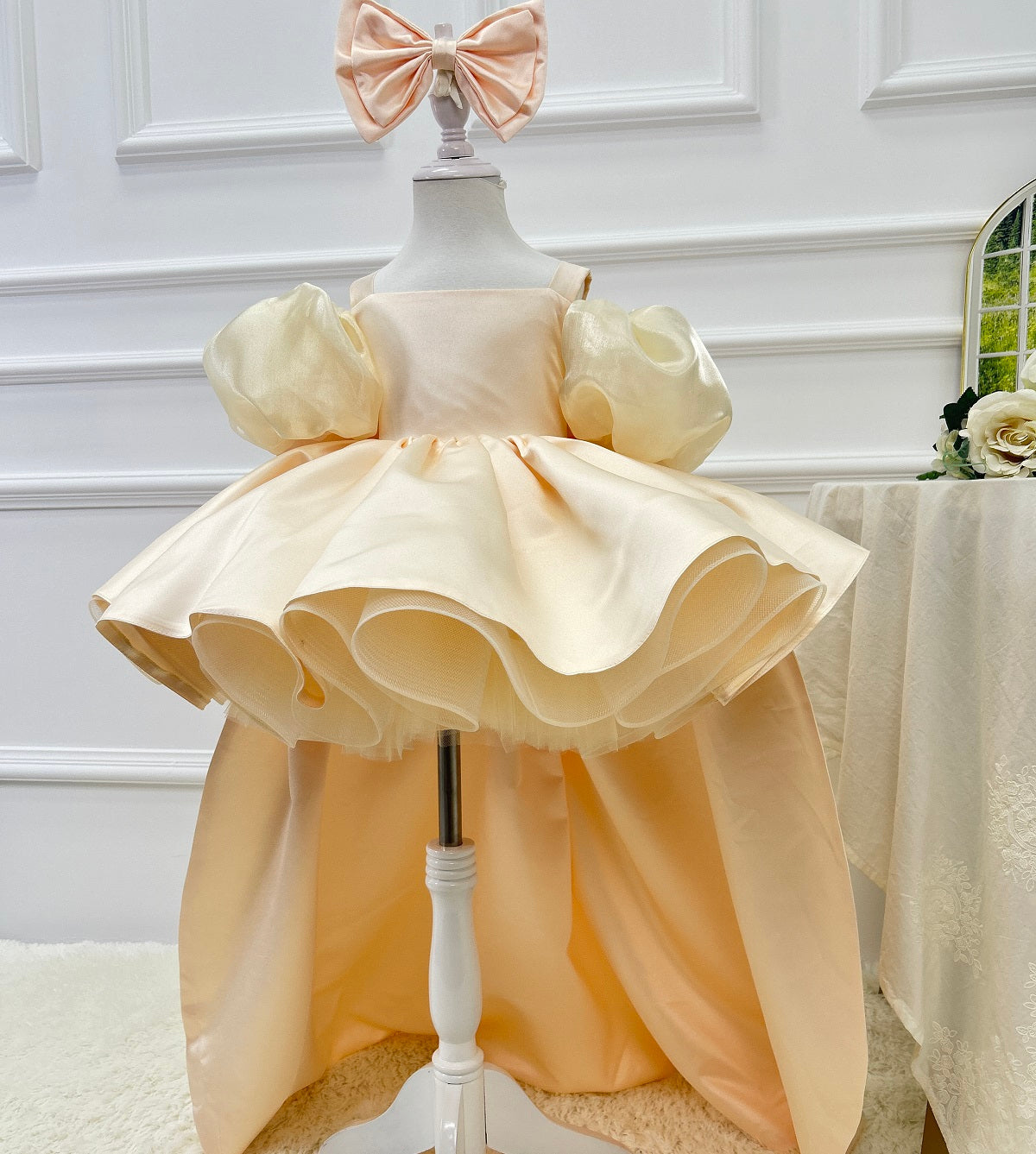 Blue Puff Sleeve Trailing Girls Birthday Princess Dress | KLFFIGID