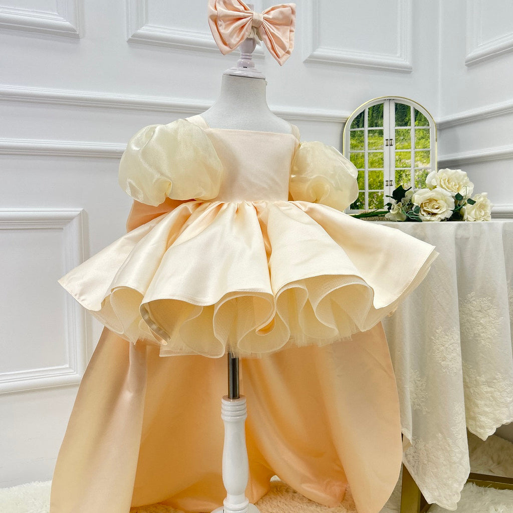 Blue Puff Sleeve Trailing Girls Birthday Princess Dress | KLFFIGID