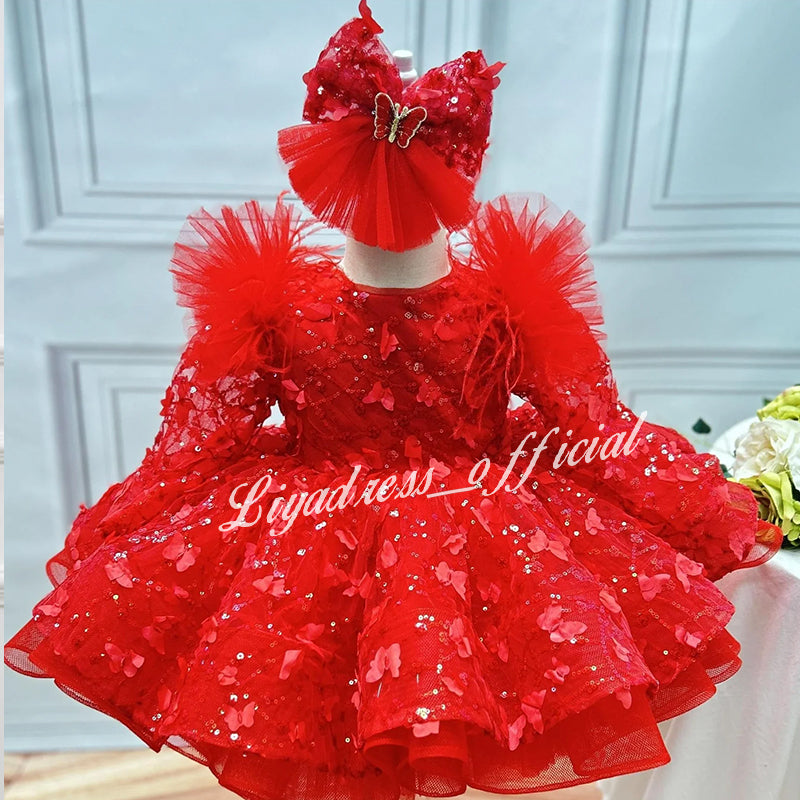Girls Long Sleeve Butterfly Glitter Christmas Evening Dress | KLIFFIGID