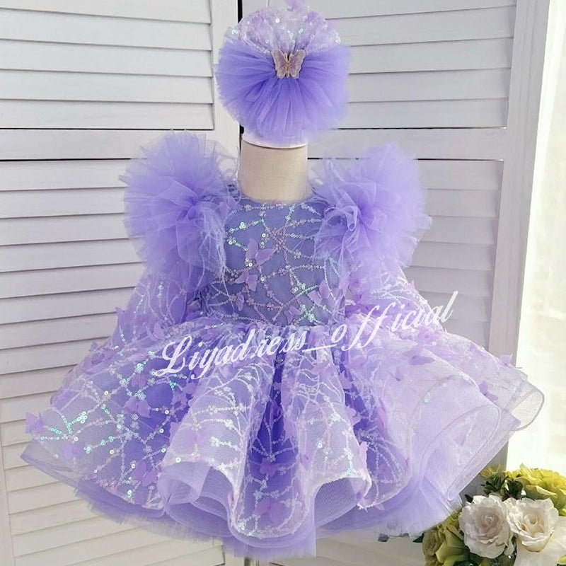 Girls Long Sleeve Butterfly Glitter Christmas Evening Dress | KLIFFIGID