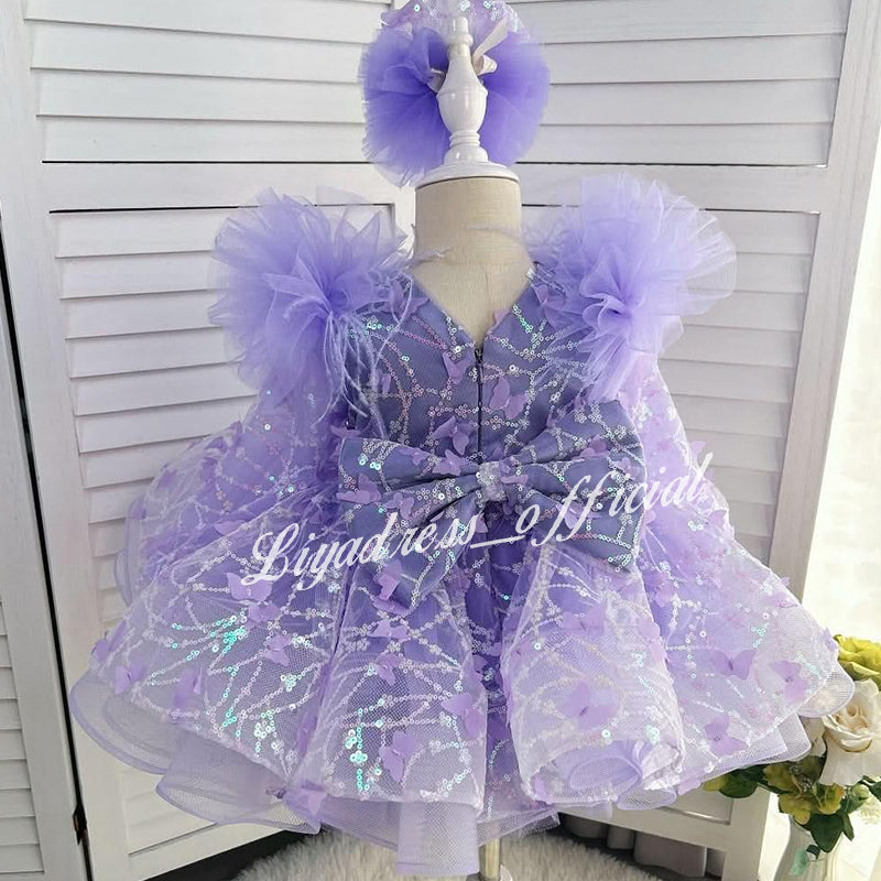 Girls Long Sleeve Butterfly Glitter Christmas Evening Dress | KLIFFIGID