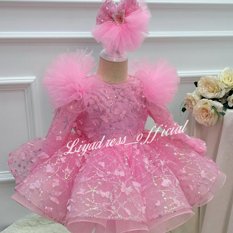Girls Long Sleeve Butterfly Glitter Christmas Evening Dress | KLIFFIGID