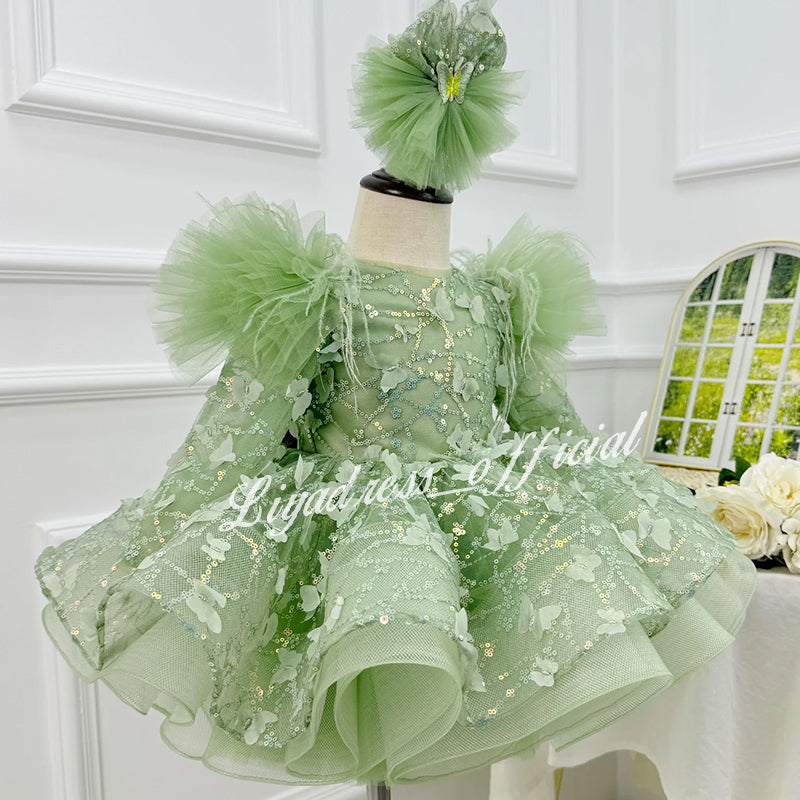 Girls Long Sleeve Butterfly Glitter Christmas Evening Dress | KLIFFIGID