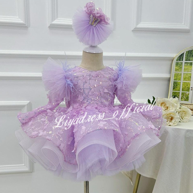 Girls Long Sleeve Butterfly Glitter Christmas Evening Dress | KLIFFIGID