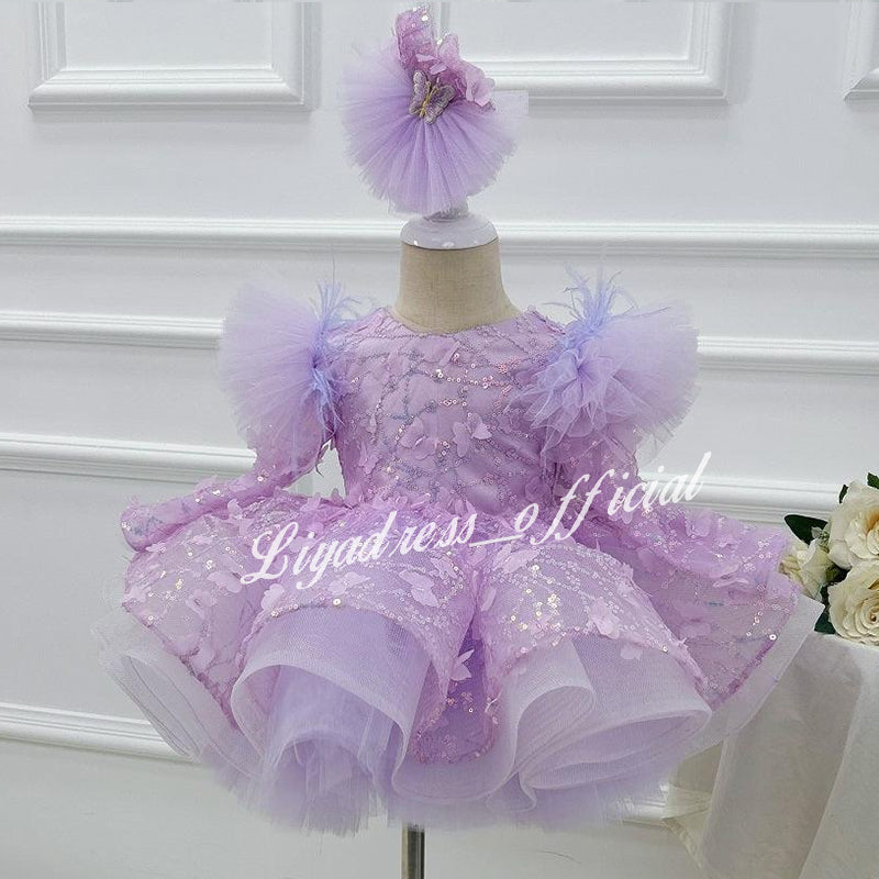 Girls Long Sleeve Butterfly Glitter Christmas Evening Dress | KLIFFIGID