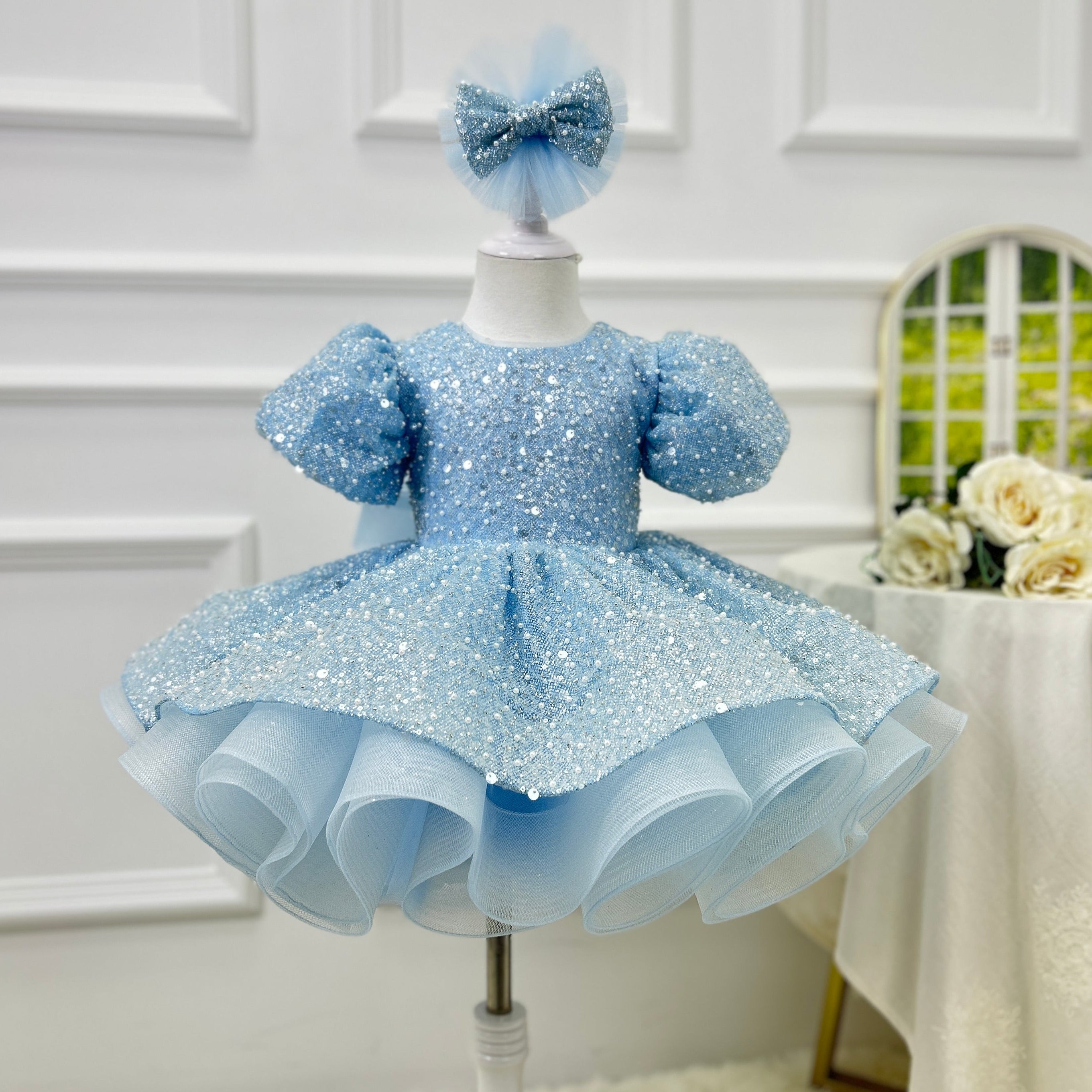 Girls Sequin Puff Sleeve Birthday Princess Dress with Headband | KLFFIGID