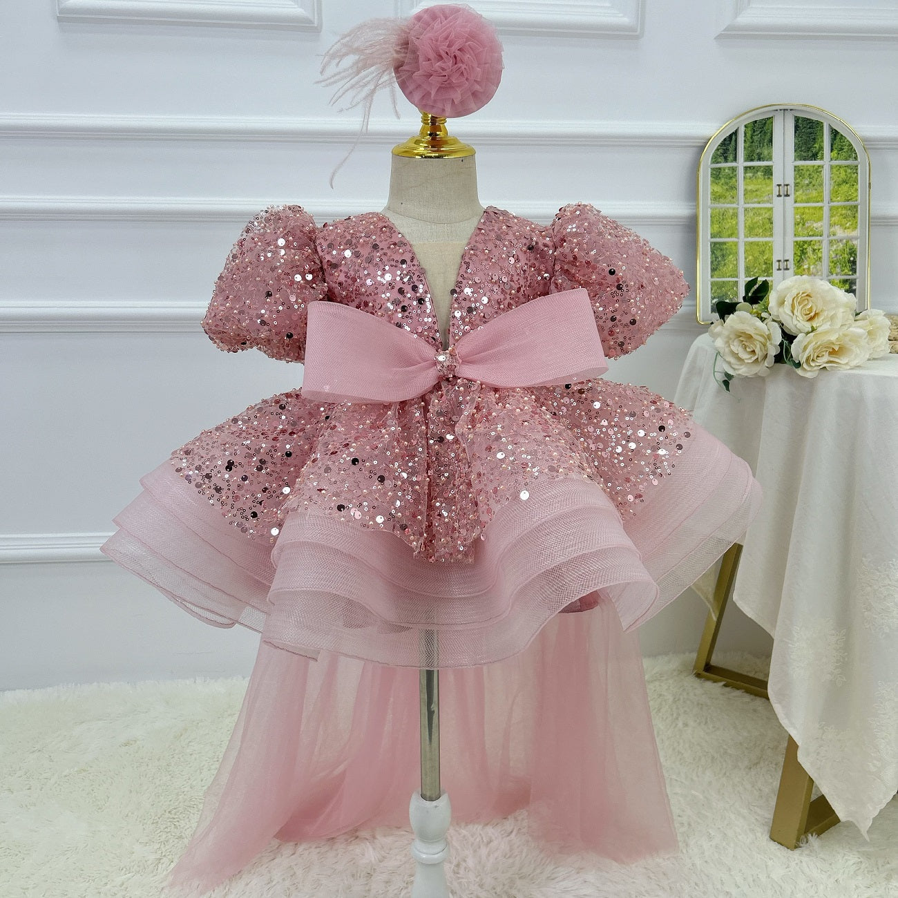 Baby Puff Sleeve Fluffy Tail 1st Birthday Party Princess Dress | KLFFIGID