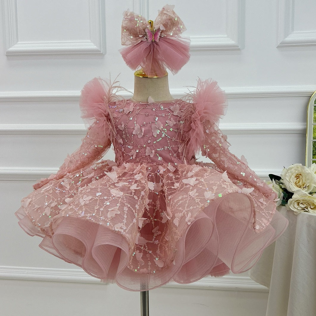 0-12Y Girls Long Sleeve Butterfly Embroidered Princess Dress | KLIFFIGID
