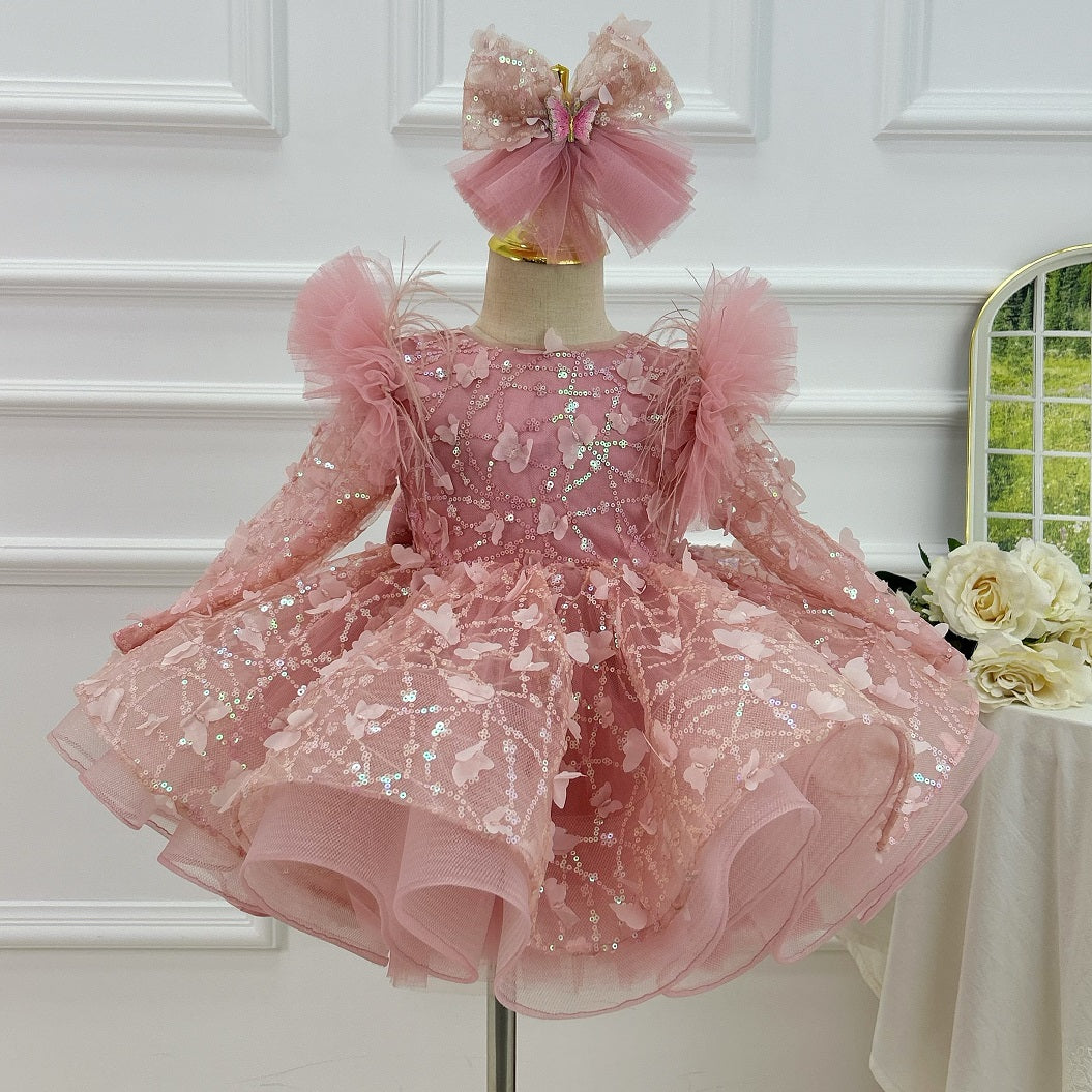 0-12Y Girls Long Sleeve Butterfly Embroidered Princess Dress | KLIFFIGID