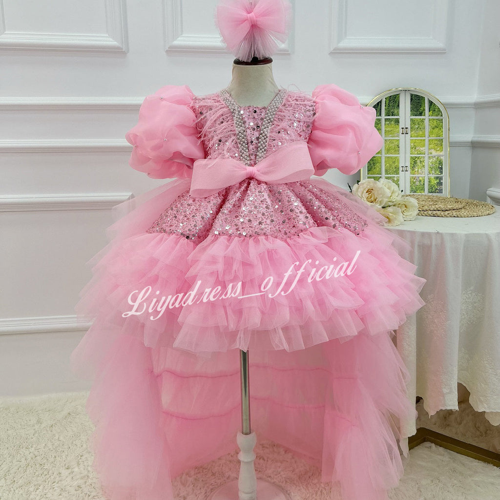 Elegant Flower Girl 1st Birthday Dress with Train | KLFFIGID