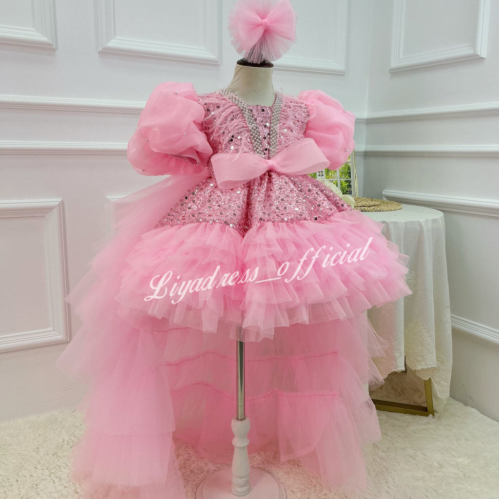 Elegant Flower Girl 1st Birthday Dress with Train | KLFFIGID