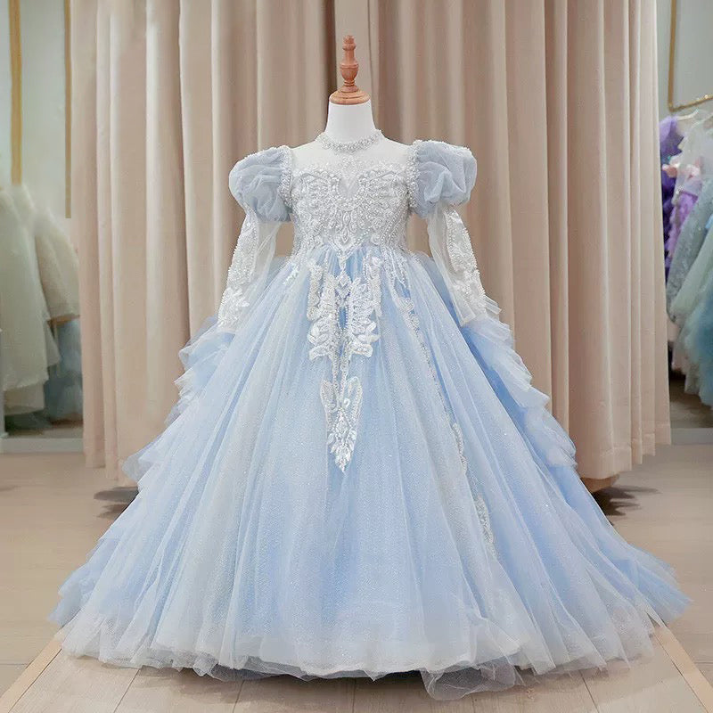 Children's dress, fluffy wedding dress, flower long-sleeved trailing evening dress, embroidered mesh girl princess dress