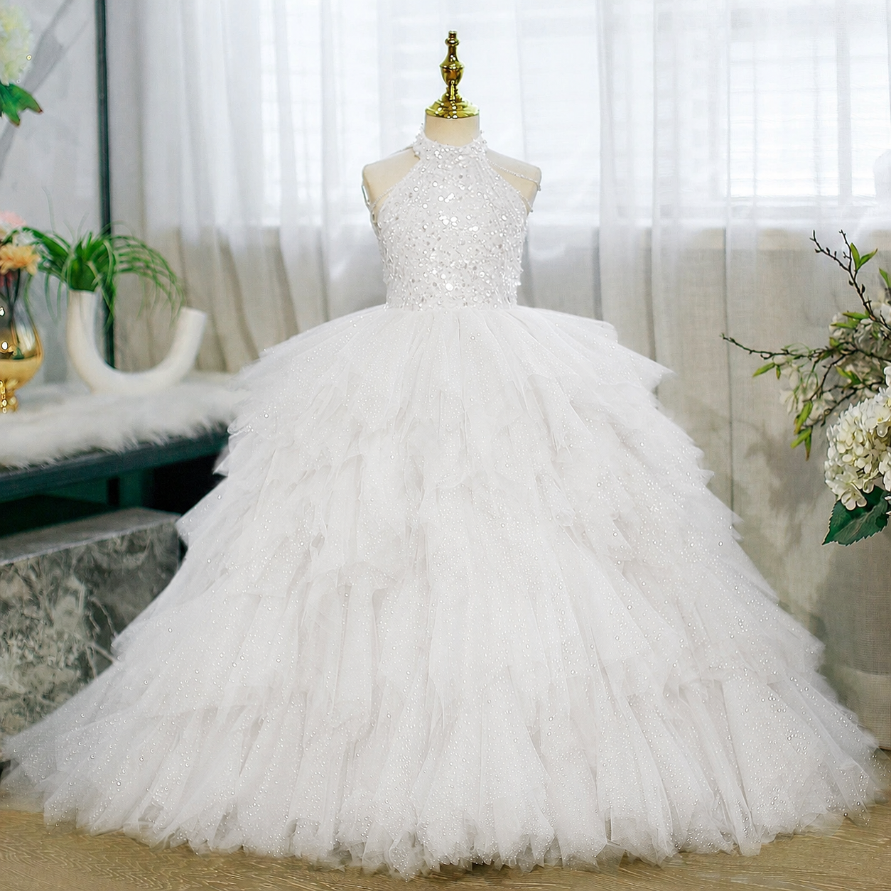 3-12 years old sequined elegant girl's dress with train, stage performance evening dress, birthday party girl princess dress girl pageant dress