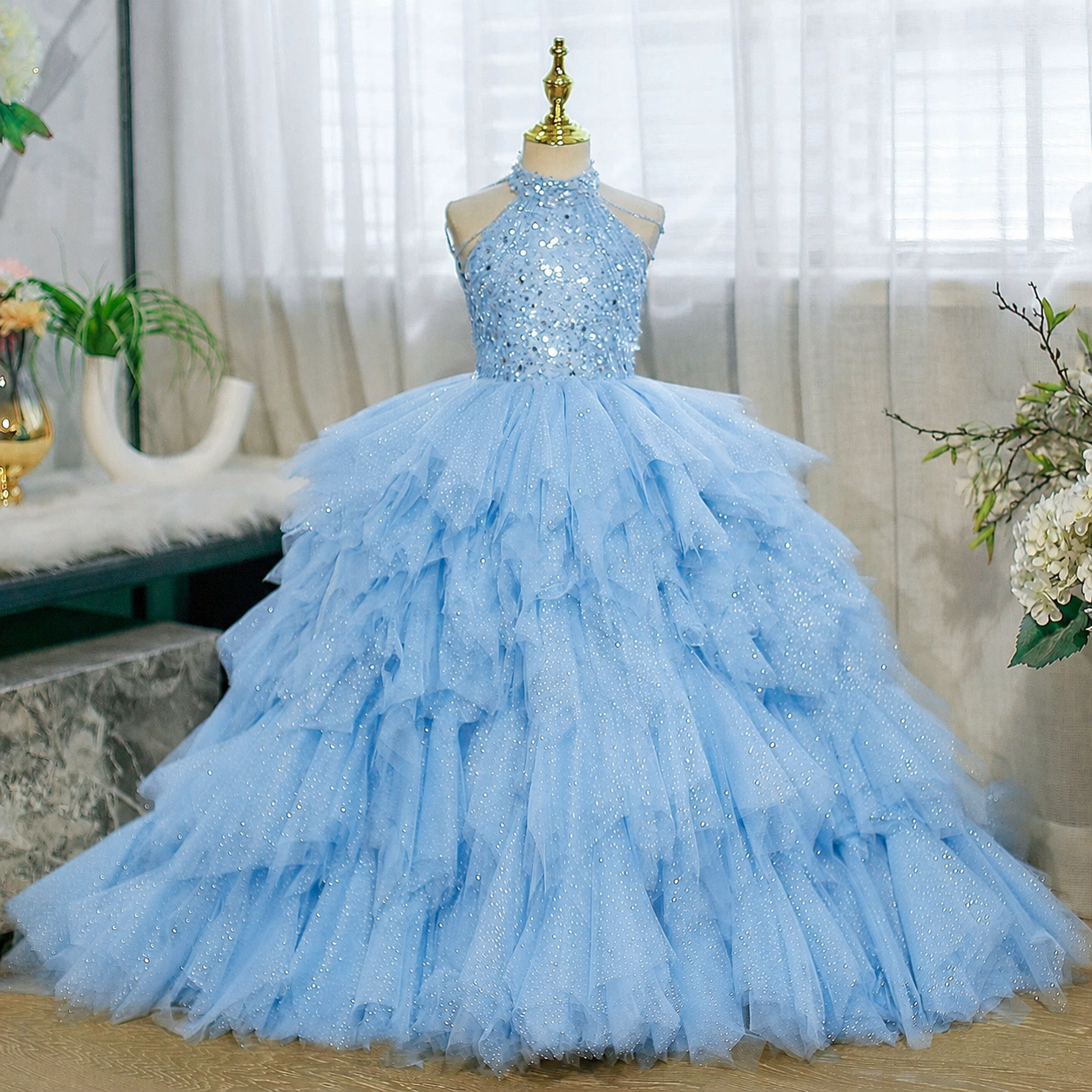 3-12 years old sequined elegant girl's dress with train, stage performance evening dress, birthday party girl princess dress girl pageant dress