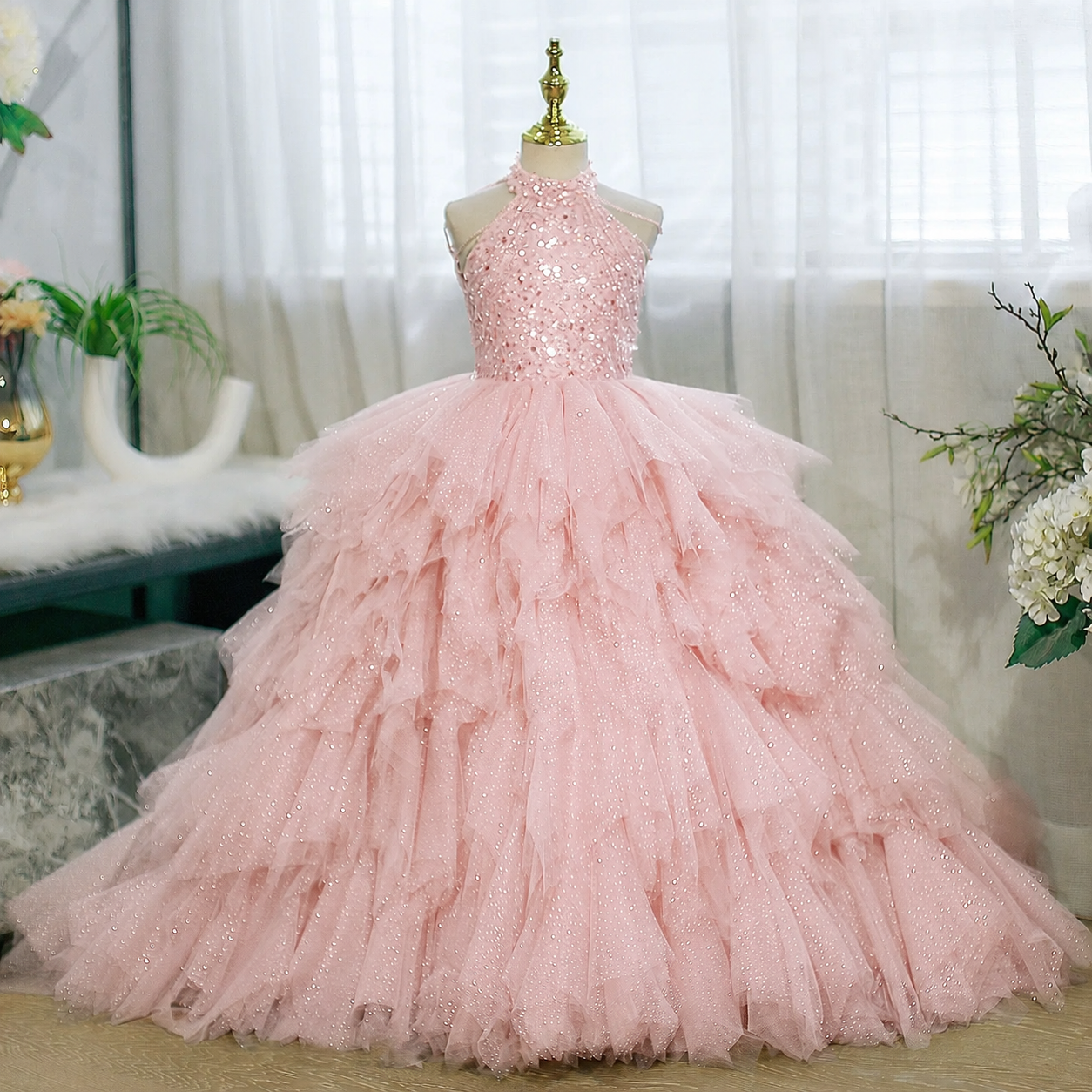 3-12 years old sequined elegant girl's dress with train, stage performance evening dress, birthday party girl princess dress girl pageant dress