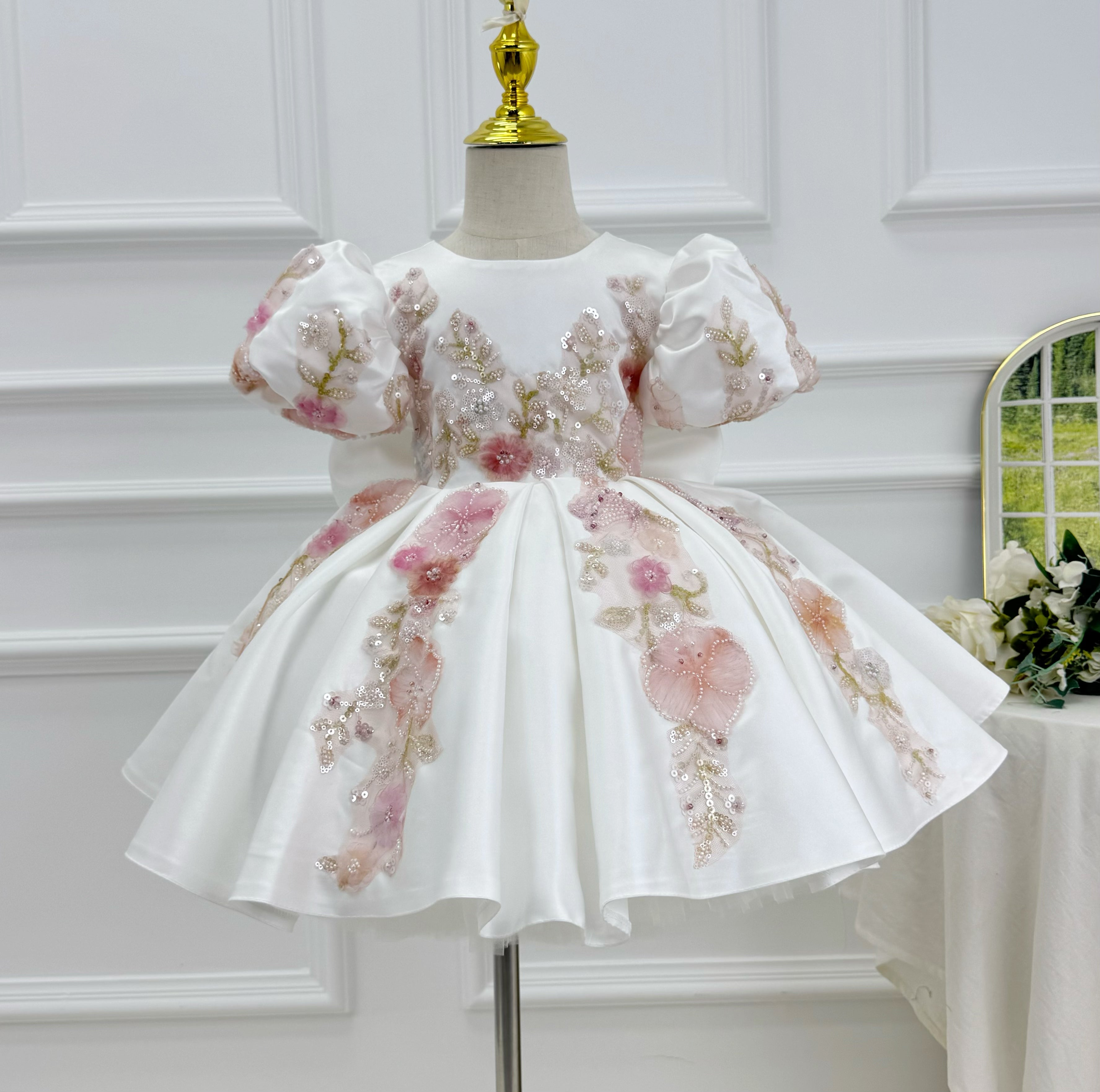 Girls Sequin Tulle Princess Dress 3D Floral Flower Girl Dress Baby's birthday outfit | KLFFIGID